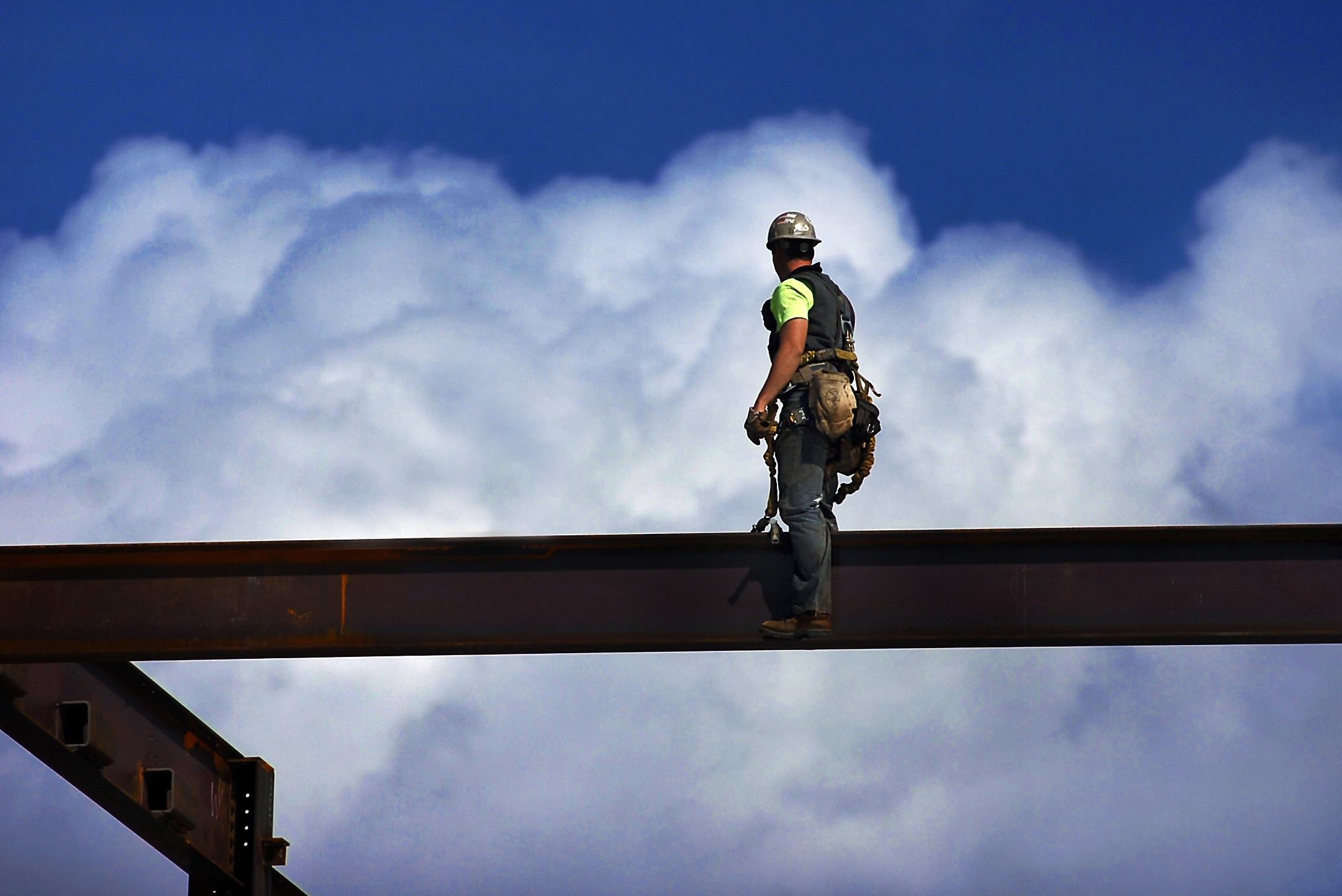 A steel worker takes in the view during the construction of The Learning Commons building at Marywood University in Scranton, Pa. The $35 million structure—designed by Bohlin Cywinski Jackson, Hemmler + Camayd Architects, and Michael Vergason Landscape Architects—is due for completion in 2015.