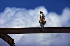 A steel worker takes in the view during the construction of The Learning Commons building at Marywood University in Scranton, Pa. The $35 million structure—designed by Bohlin Cywinski Jackson, Hemmler + Camayd Architects, and Michael Vergason Landscape Architects—is due for completion in 2015.