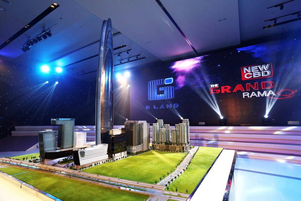 This photo released by Grand Canal Land Public Company Ltd. shows a scale model of a skyscraper that a property developer plans to build in Bangkok that will be among the 10 tallest buildings in the world when completed in 2019. The 125-floor tower will rise 615 meters (2,018 feet) and include a luxury hotel, offices, and an observation deck with panoramic views of the Thai capital, the developer said in a statement.