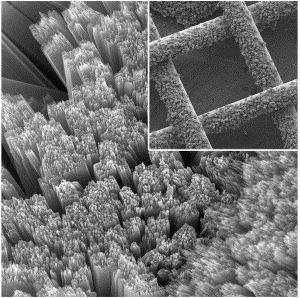 A microscopic image of a novel solar-cell battery revealing a permeable mesh structure.