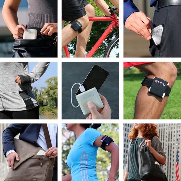 Depictions of users generating motion-based energy with Ampy, which can be used to charge electronic devices.