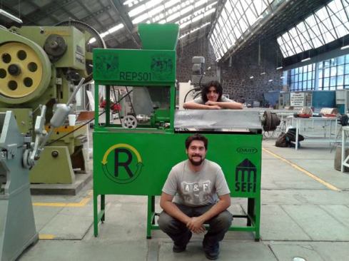 Rennueva founder Hector Ortiz (front) and manager Enrique Star with the Mexican startup's novel technology for breaking down closed-cell extruded polystyrene foam into plastic beads.