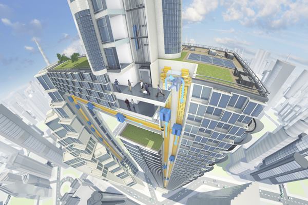 A conceptual rendering of ThyssenKrupp's new Multi elevator system in application.
