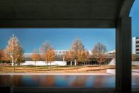 View of the entrance to the Renzo Piano Pavilion from the west, under the colonnade of the original Kahn building.