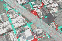 Researchers mapped areas of attention (red) and meditation (cyan) as volunteers walked through New York's DUMBO neighborhood.