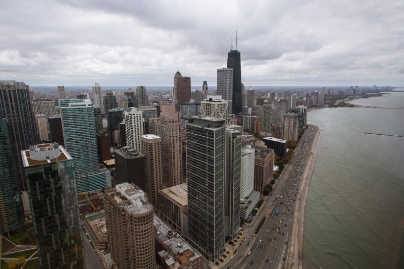 A view from the 70th floor of the 1968 Lake Point Tower, designed by George Schipporeit and John Heinrich, looking north along the coast of Lake Michigan.