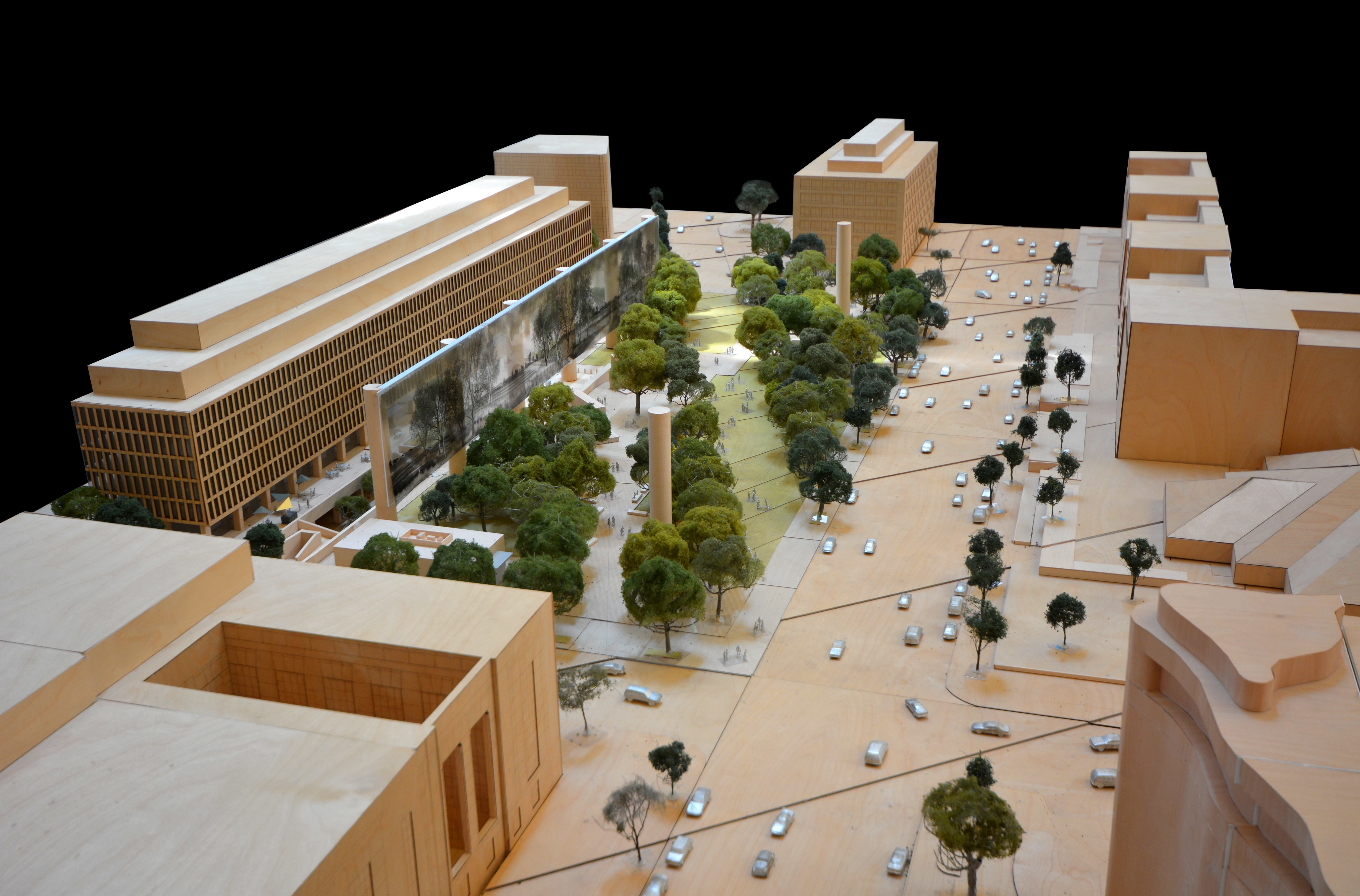 Axonometric perspective down Independence Avenue of Gehry's revised design
