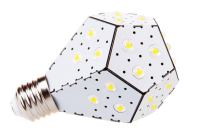 A bent circuit board and omnidirectional LED display helps this lamp mimic a conventional A19 shape.