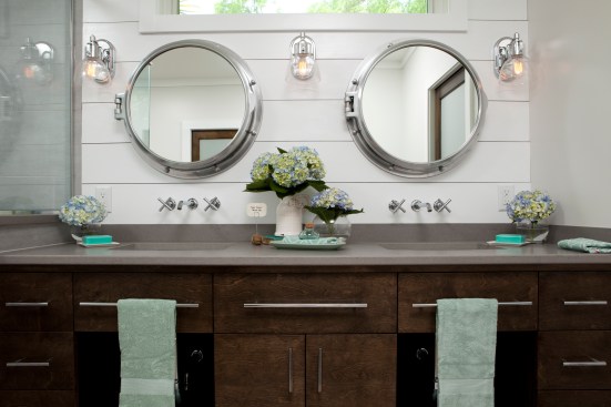 Caesarstone countertops with concave sinks at a 36" height for the clients' comfort.