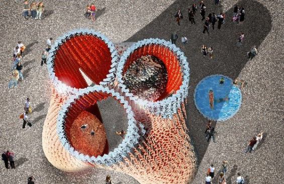 A rendering of an aerial view of the The Living's Hy-Fi, the winning design of the 2014 Young Architects Program