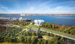 Aerial view of the land pavilion, the chapel, and the museum.