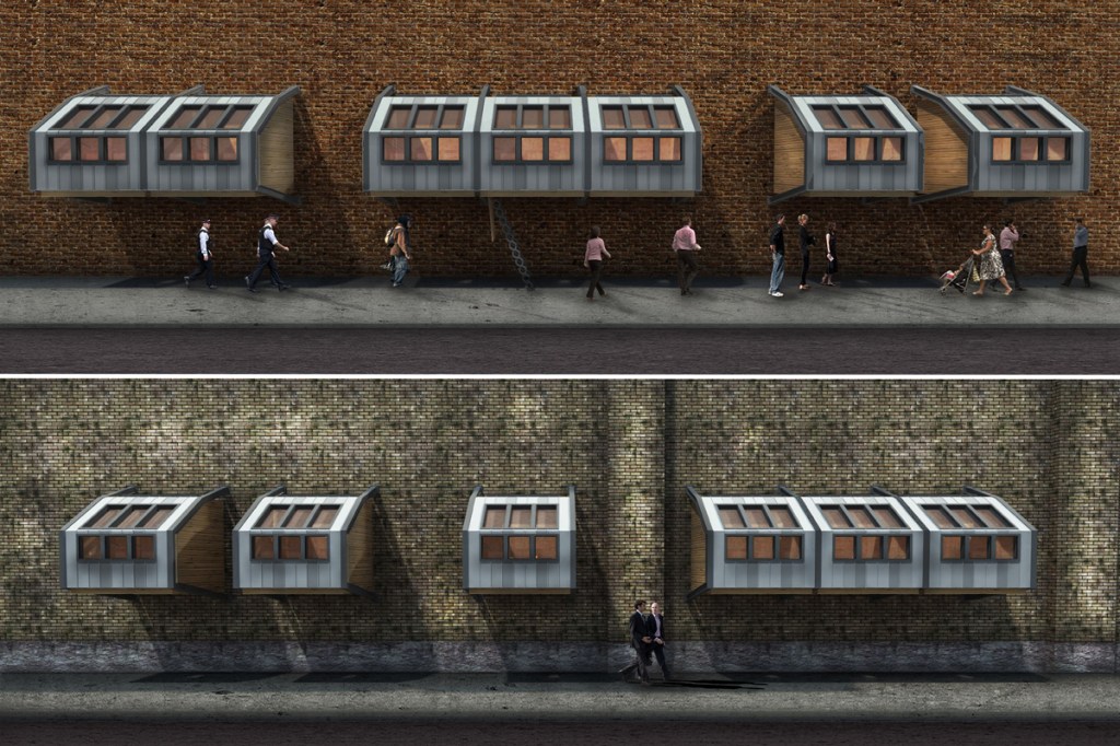 Architect James Furzer designed static pods which could be 
placed across London to give the city's homeless people shelter at night.  

The pods, designed to be attached to the side of a building or structure, would be held up by two steel frames and raised above head level. Access would be provided by a ladder.