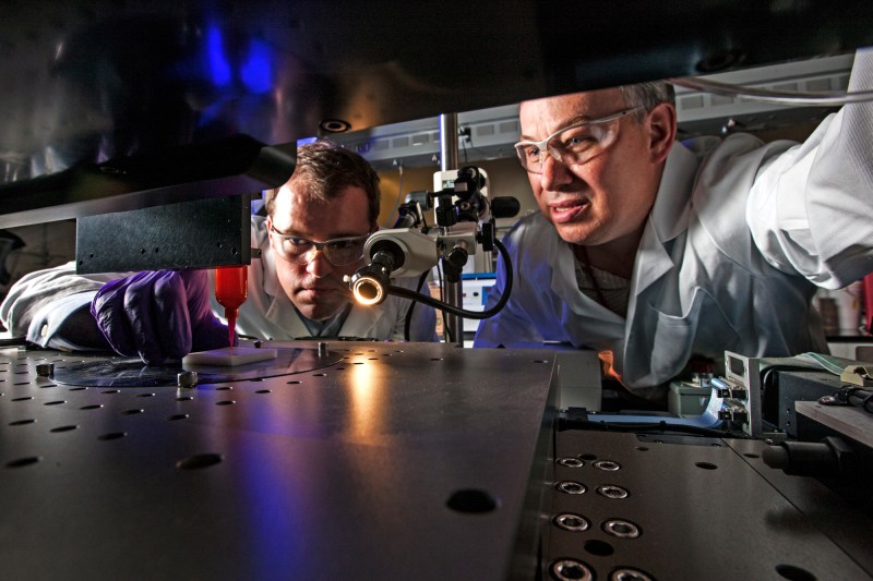 Using an additive manufacturing process called direct ink writing,&nbsp;Lawrence Livermore National Laboratory (LLNL) engineers Eric Duoss (left) and Tom Wilson create an engineered-foam cushion.