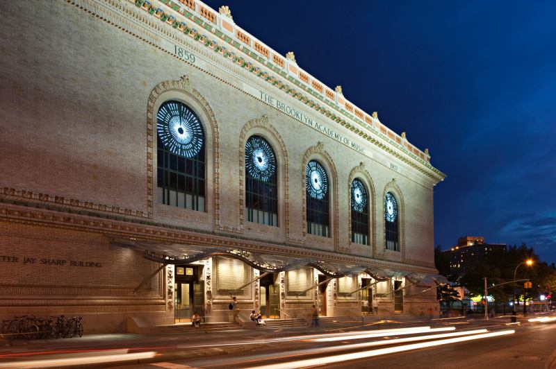 A winning submission: The 1908 façade of the Brooklyn Academy of Music (BAM) was recently updated by New-York based CBBLD withconcealed LEDs behind the canopy structure that can be programmed to create kaleidoscopic displays of color. Architect: H3 Hardy Collaboration Architecture.