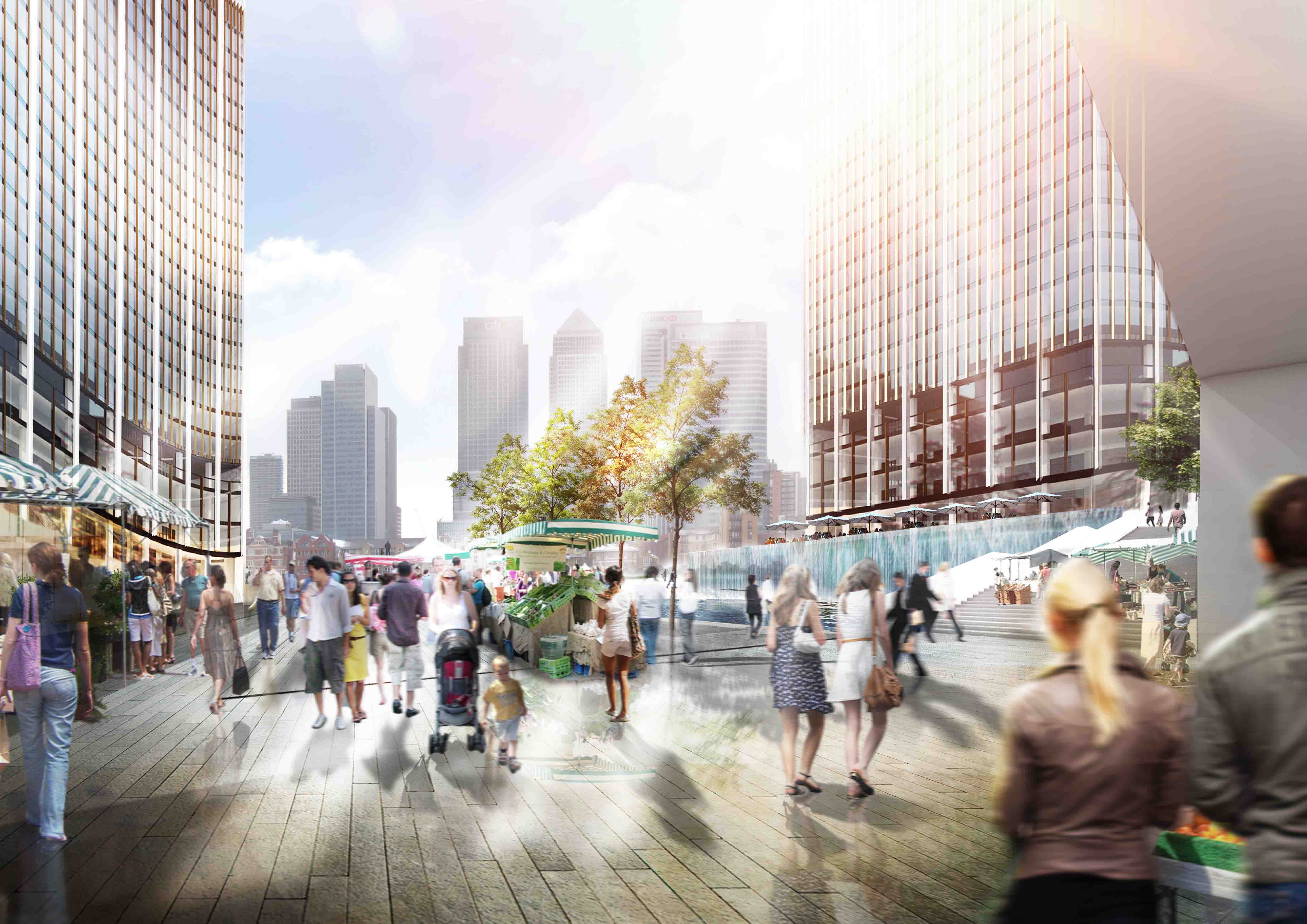 Sunlight enters an open plaza between two tall buildings that are part of proposal from NBBJ's London office to reduce street-level shade in cities.