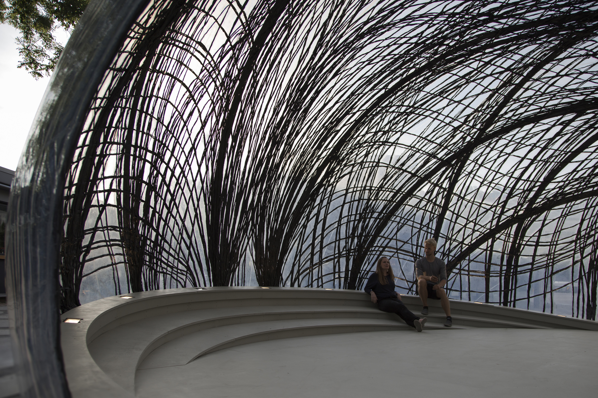 Inside the 2014-2015 iteration of the biomimetic research pavilion at the University of Stuttgart, in Germany, that this year uses bundled strands of carbon fiber to support a translucent ETFE membrane.