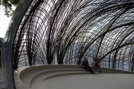 Inside the 2014-2015 iteration of the biomimetic research pavilion at the University of Stuttgart, in Germany, that this year uses bundled strands of carbon fiber to support a translucent ETFE membrane.