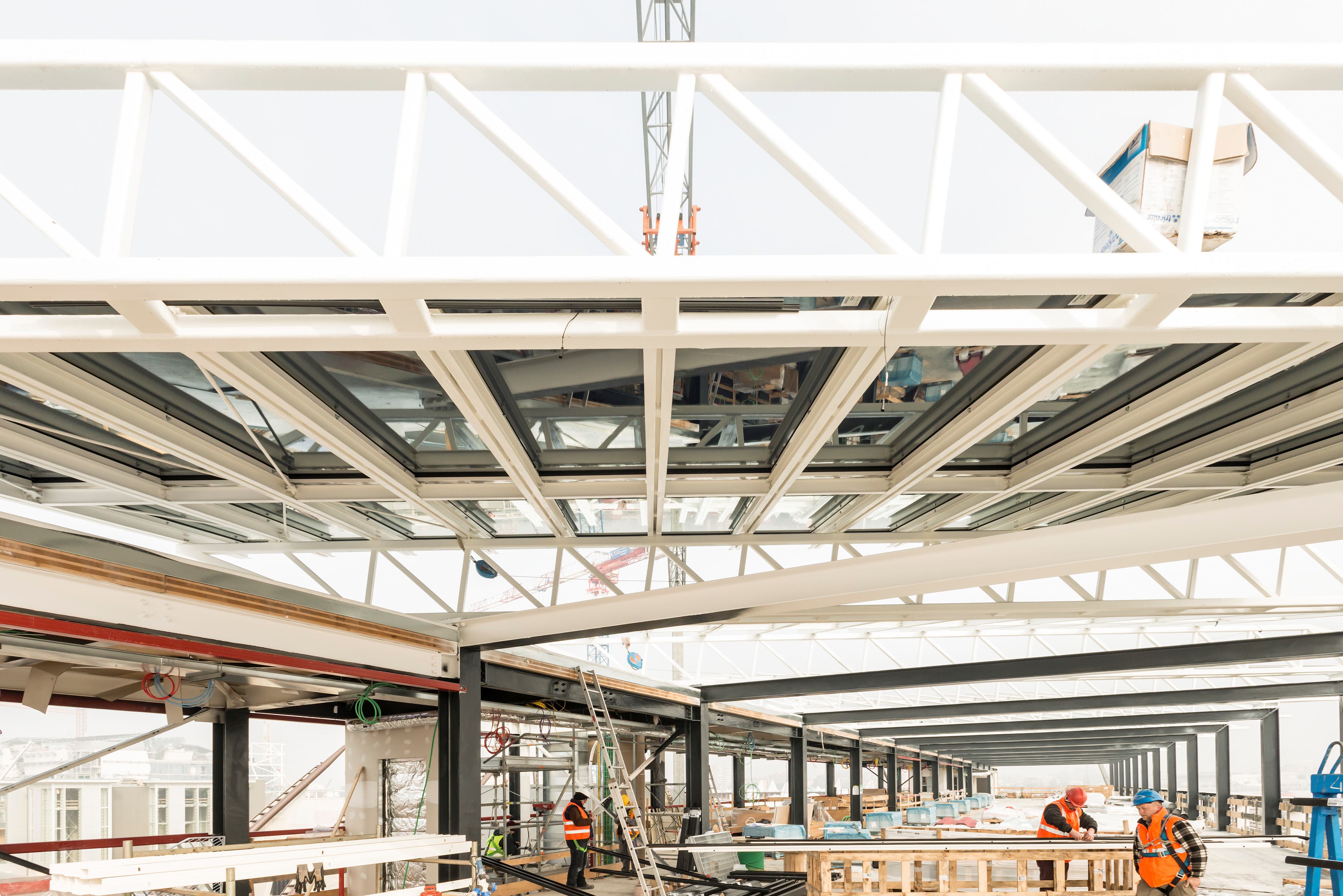The U.S. Pavilion's smart-glass roof canopy under construction at the 2015 Milan Expo site in Italy.