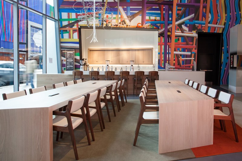 The caf&eacute; in the renovated lobby of the Rosenthal Center