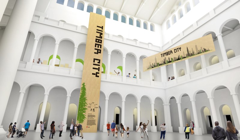 Rendering of the CLT panels that will be installed in the National Building Museum's Great Hall for the Timber City exhibition.