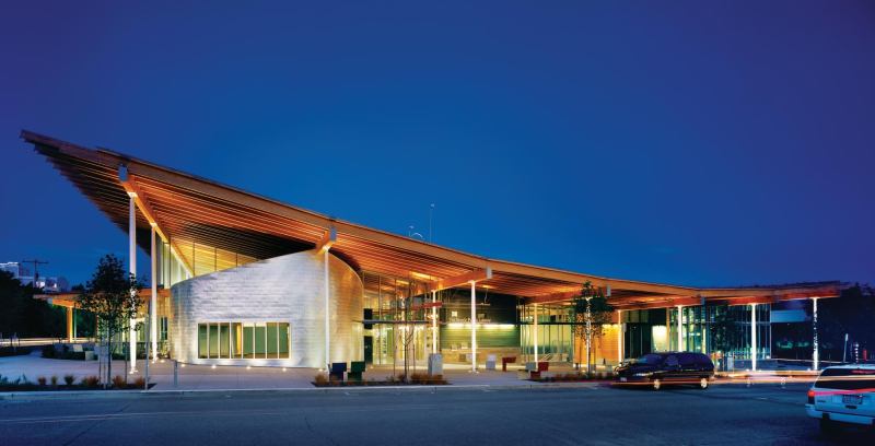 The Ballard Branch Library also includes a neighborhood service center and below-grade parking. The sloping roof helps manage stormwater.