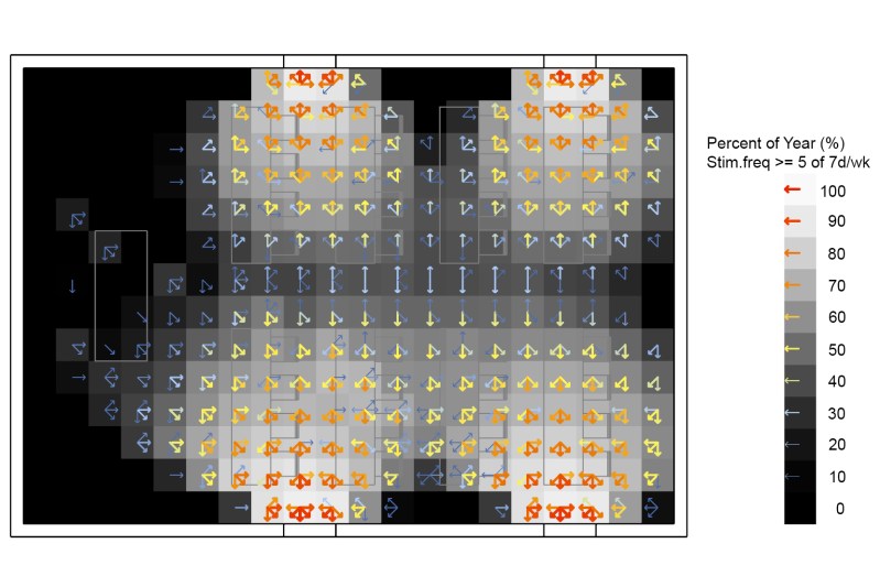 Annual visualization of the circadian effectiveness of the classroom model (San Francisco climate) showing the percentage of the year (0 – 100%) where a minimum stim.freq threshold of 5d/wk is achieved during the circadian-resetting period (7:00 – 10:00 AM).