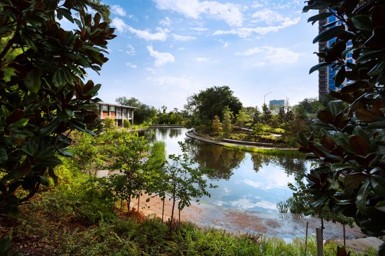 “The bayou is about 20 to 30 feet lower than the street, and the existing park didn’t feel particularly safe,” says Scott McCready, principal at SWA Group. “Our goal was to introduce a more extensive network of infrastructure  that really invited people in.”