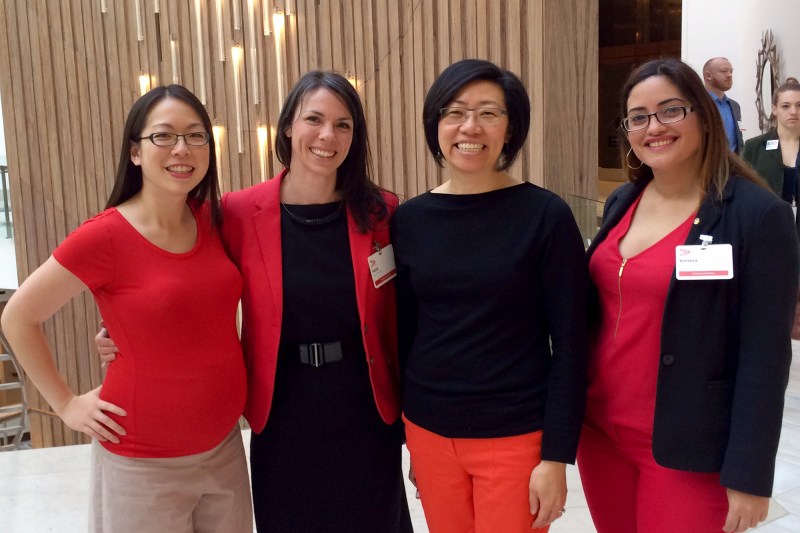 Rosa Sheng, AIA (third from left), a senior associate at Bohlin Cywinski Jackson's San Francisco office and co-chair of the AIA's Equity and the Future of Architecture Committee, says she is wearing red on "A Day Without a Woman" to remind everyone that we can change the longstanding inequities in architecture if we "eat the whale" together. The allusion references Shel Silverstein's poem "Melinda Mae," in which a girl eats a whale in 89 years because she dedicated herself to the goal. Pictured (l to r): ARCHITECT editor Wanda Lau; Katie Hall, AIA; Sheng; and Venesa Alicea, AIA. Hall, Sheng, and Alicea are in Washington, D.C., to attend the AIA's Grassroots 2017 conference.