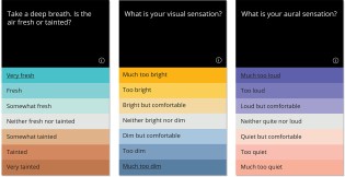 Sample Roast survey cards. The first card queries occupants about air freshness, with example results mapped below.
