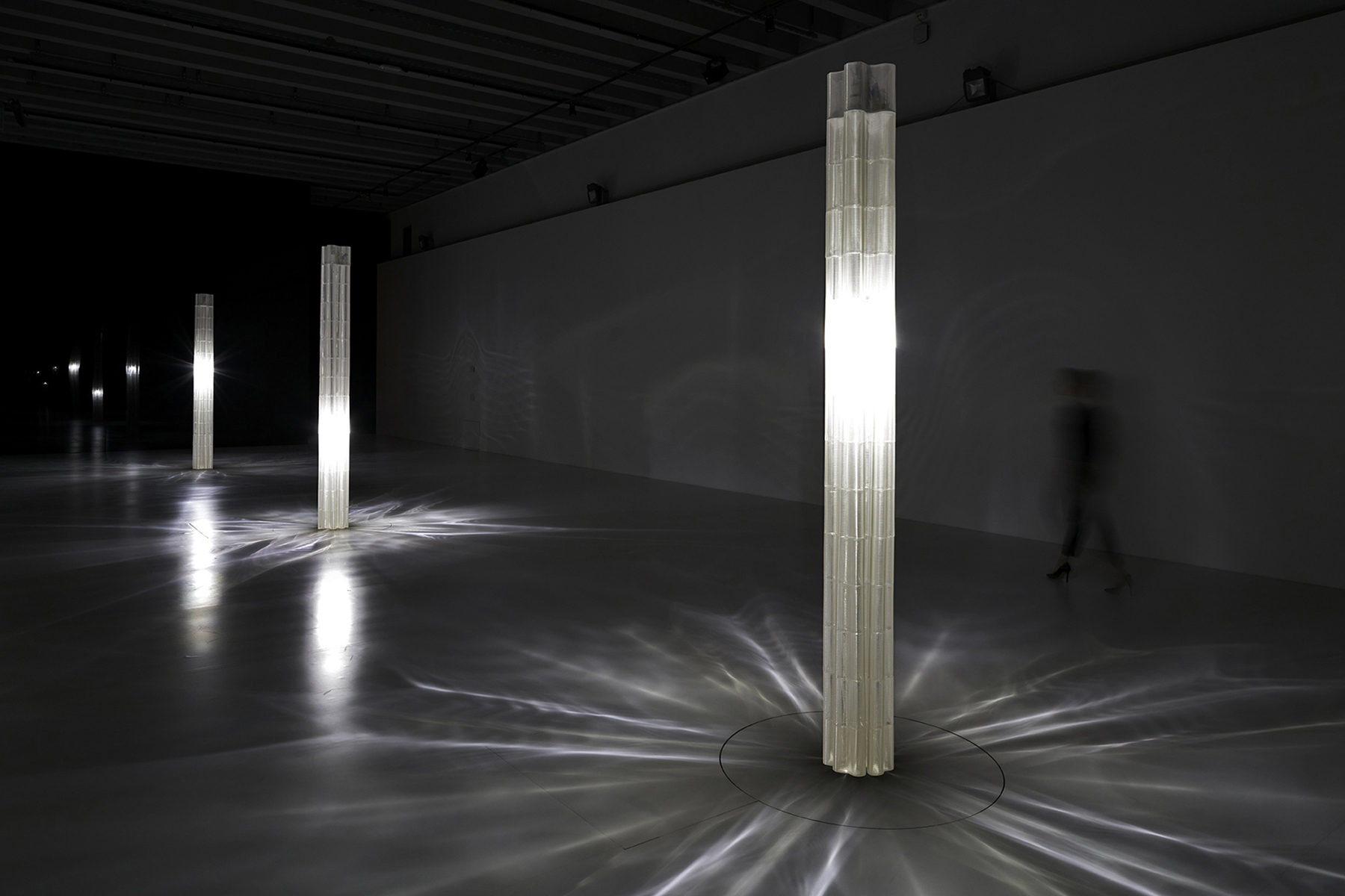 View of the brilliant caustic footprints created by the changing glass profiles.