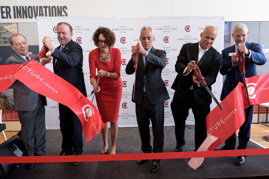 From left: Illinois State Senate President John Cullerton, Chicago Alderman Brendan Reilly, Chicago Architecture Center president Lynn Osmond, Chicago Mayor Rahm Emanuel, architect Gordon Gill, Chicago Architecture Center board chair John Pintozzi