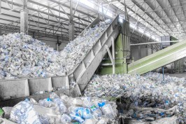 An escalator with a pile of plastic bottles at a factory for processing and recycling PET plastic.