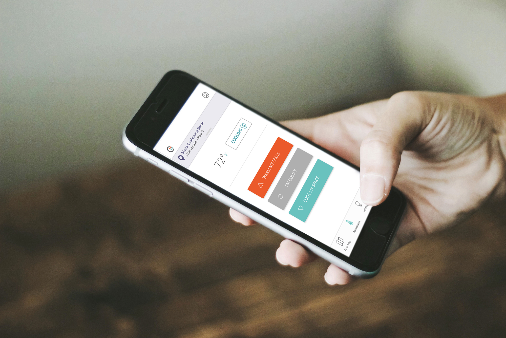 The Comfy workplace experience app allows employees to make immediate changes in temperature and lighting, and to book rooms.