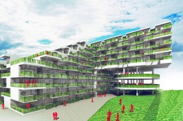 Alternately stacked geometries resulted in an open space which can be used for meeting spot and green areas