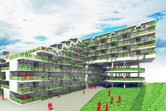 Alternately stacked geometries resulted in an open space which can be used for meeting spot and green areas