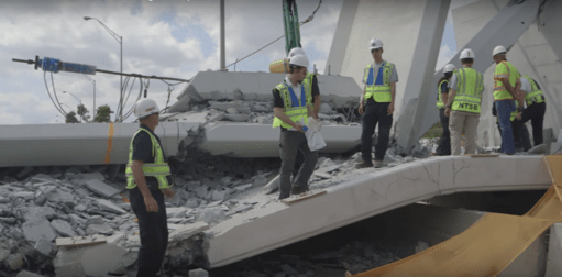 The area of interest where the bridge collapse may have started. The tensioning rod being tightened at the time of the collapse is sticking out above the canopy with the post-tensioning jack still attached to its end.