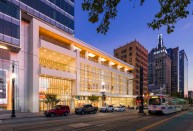 A nighttime view of the theater.