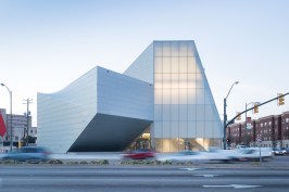 View of the Institute for Contemporary Art at VCU Belvidere Street entrance at dusk.