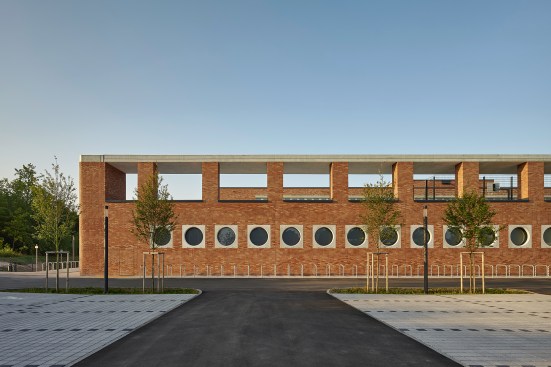  View of porthole windows of sports halls on north façade