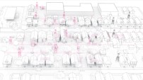 The duo’s Sponge Urbanism research project—from which About Face was derived—proposes introducing various structural and infrastructural interventions in a Detroit neighborhood to create a “porous framework” for new and existing structures.