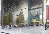 Plaza with building entrance at right