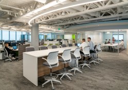 One of eight open workspace floors showing the large curvilinear LED pendant following the building’s unique shape.