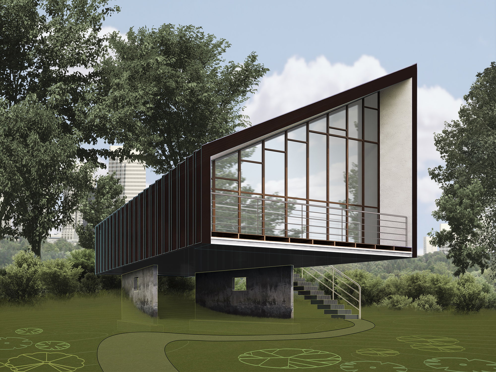 Small-business building design image. Rendering of house with a city backdrop. 3DS Max was used to render this image.