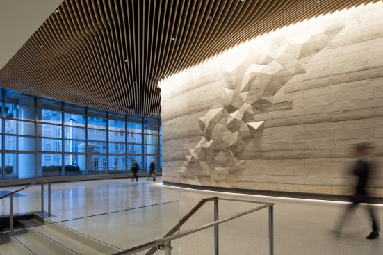Third-floor lobby feature wall at Two Union Square, designed by NBBJ