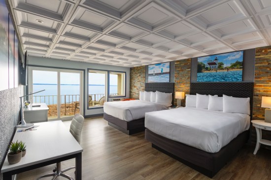 Renovations of the Terrace Bay Hotel have focused on creating a look of modern luxury, including coffered ceilings made of Ceilume thermoformed panels in a conventional suspended grid.