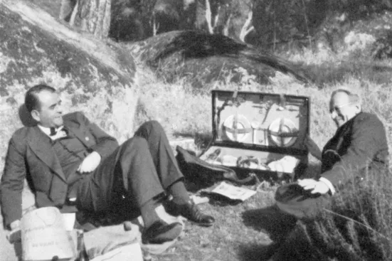 Albert Speer and Walter Brugmann picnicking and drinking on their way to Toledo, Spain, 1941