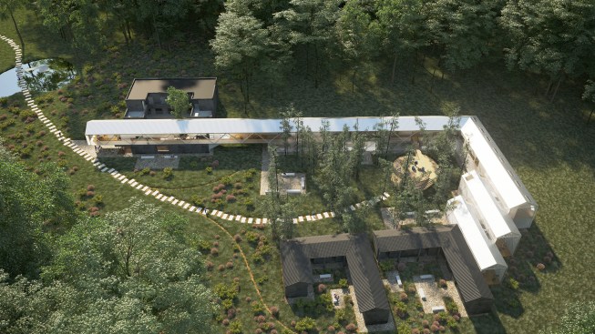 The Open Courtyard, a concept for a hotel in China, integrates a collection of existing traditional Linpan buildings with a new modern structure to create a seamless whole that is rooted in nature.
