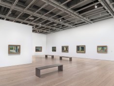 Installation view of Edward Hopper’s New York (Whitney Museum of American Art, New York, October 19, 2022- March 5, 2023). From left to right: August in the City, 1945; Intermission, 1963; Chair Car, 1965; Sunlight in a Cafeteria, 1958; New York Office, 1962; Morning Sun, 1952.