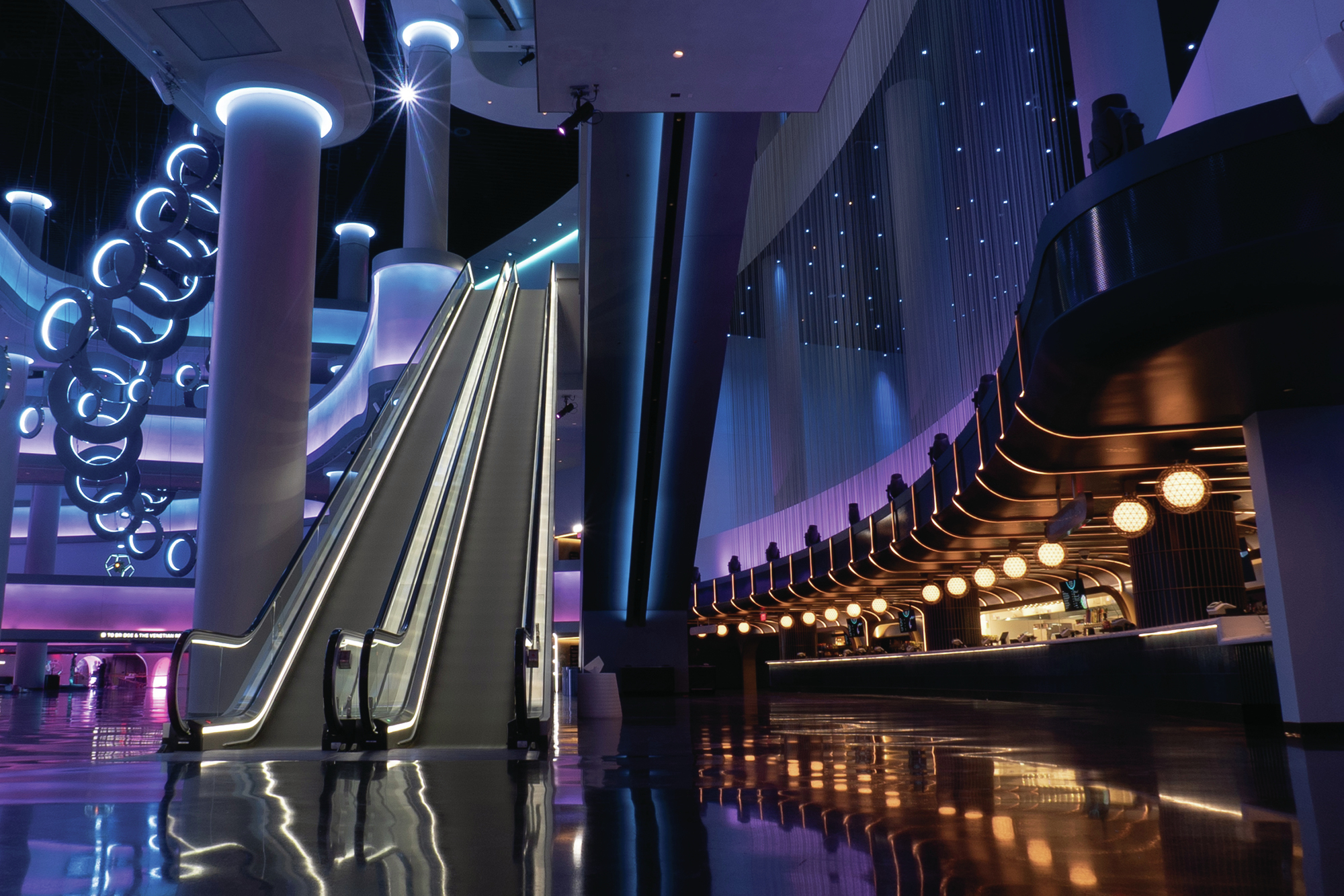 Main atrium inside Sphere, Las Vegas.  As guests enter the Main Atrium, they’ll find a custom extrapolated chandelier and colorful indirect lighting that can be customized for different events and performances.