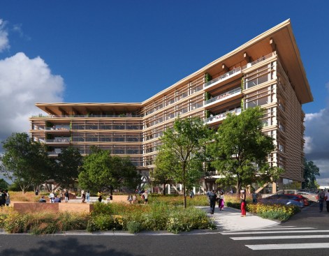 Mass timber serves as a structural element and an aesthetic driver of the new building facade for an already-entitled spec office project in Texas.